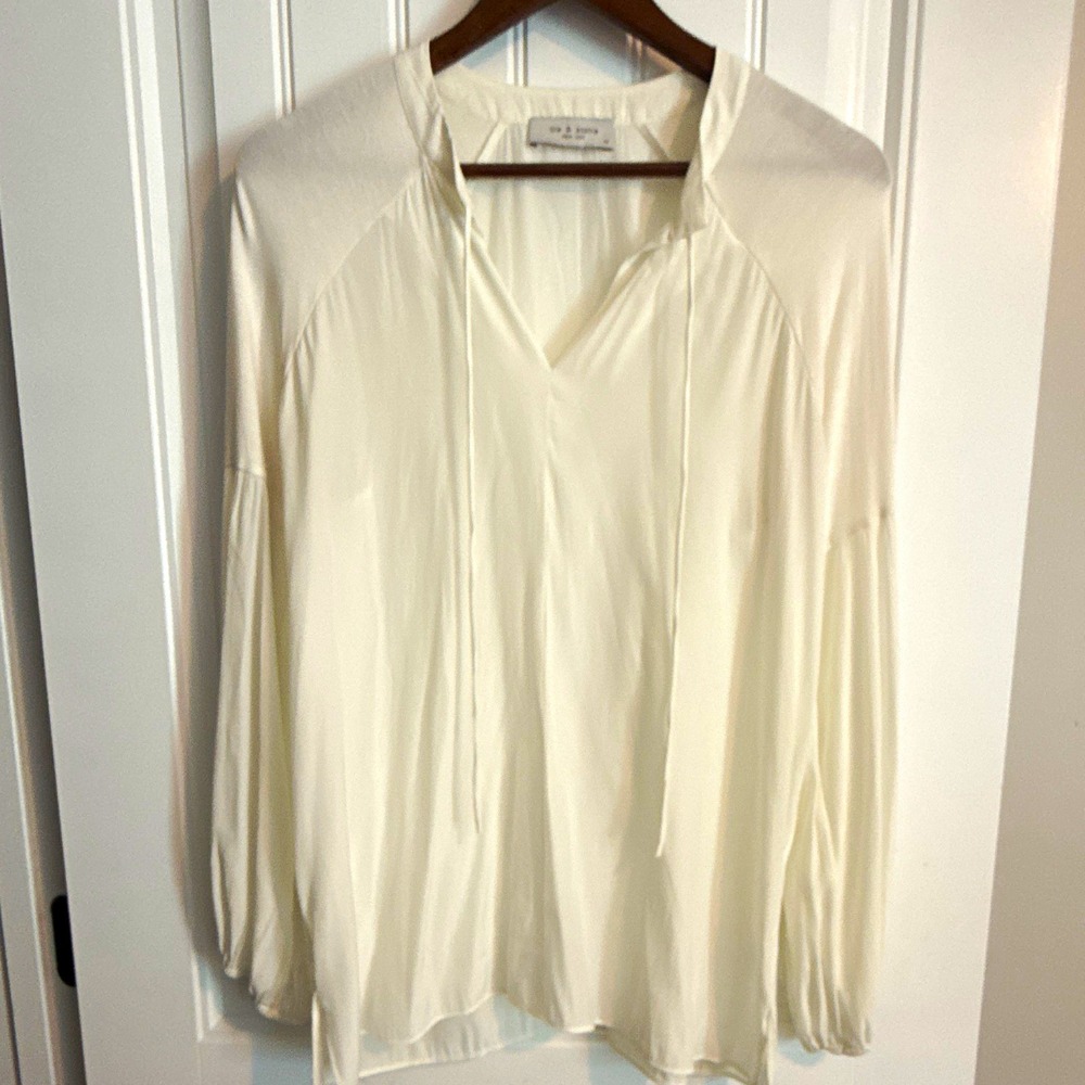 Lola & Sophie Women's Ivory Satin Tie Neck V-Neck Long Sleeve Blouse M